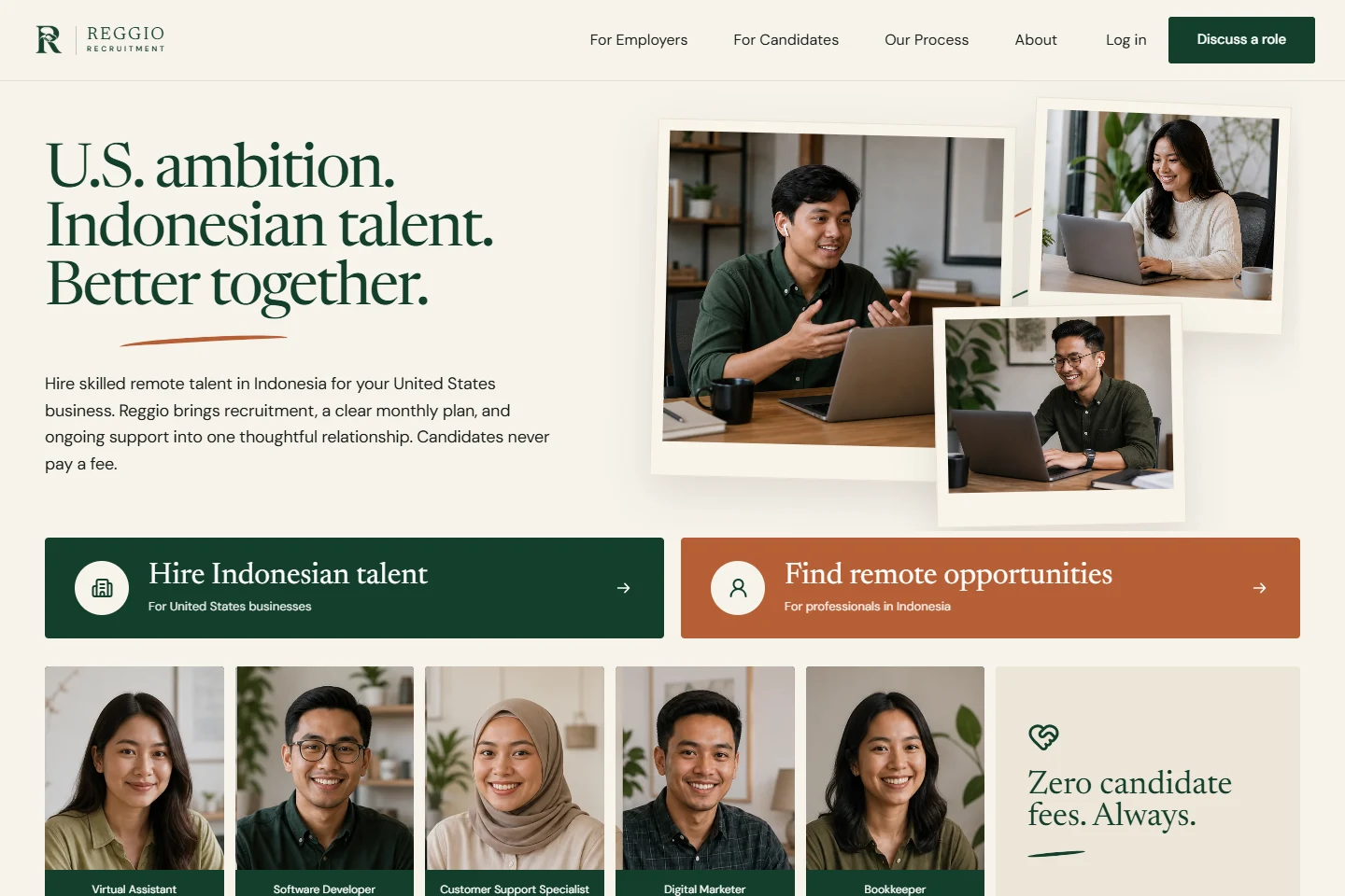 Actual Reggio Recruitment website, with its United States and Indonesia hiring homepage